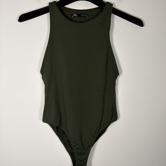 Zara Women Soft Polyamide Halter Tank Top Bodysuit Olive Green Medium Layering - Picture 2 of 7